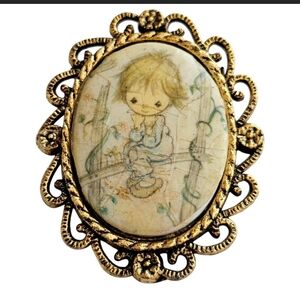 Vintage Precious Moments Cameo Pin Brooch with Adorable Children
